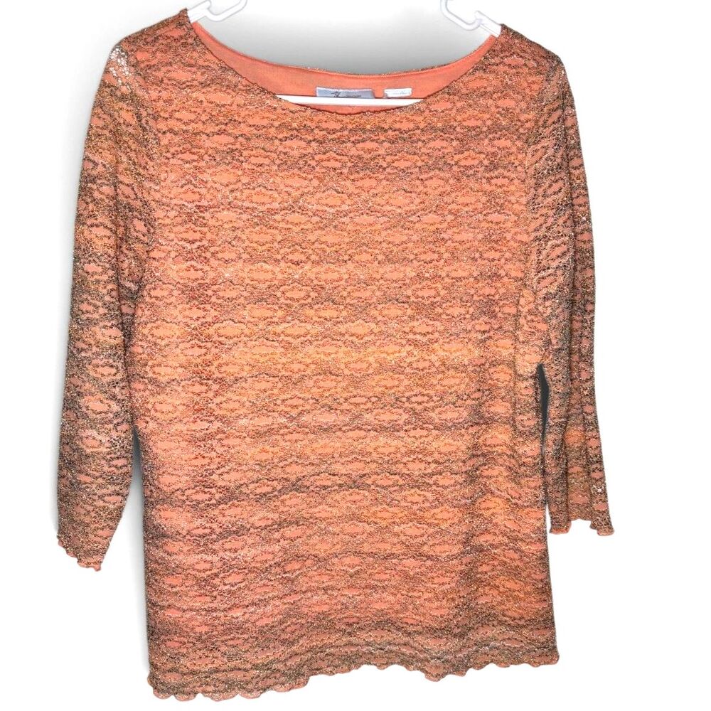 JH Collectibles Textured Knit Top W Size S/M Coral Metallic 3/4 Sleeve